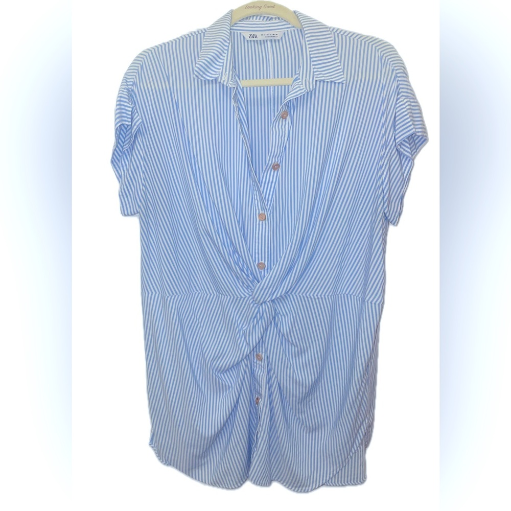 Zara Oversized Stripe Knot Front Tunic Blouse Blue White Stripe Size Small